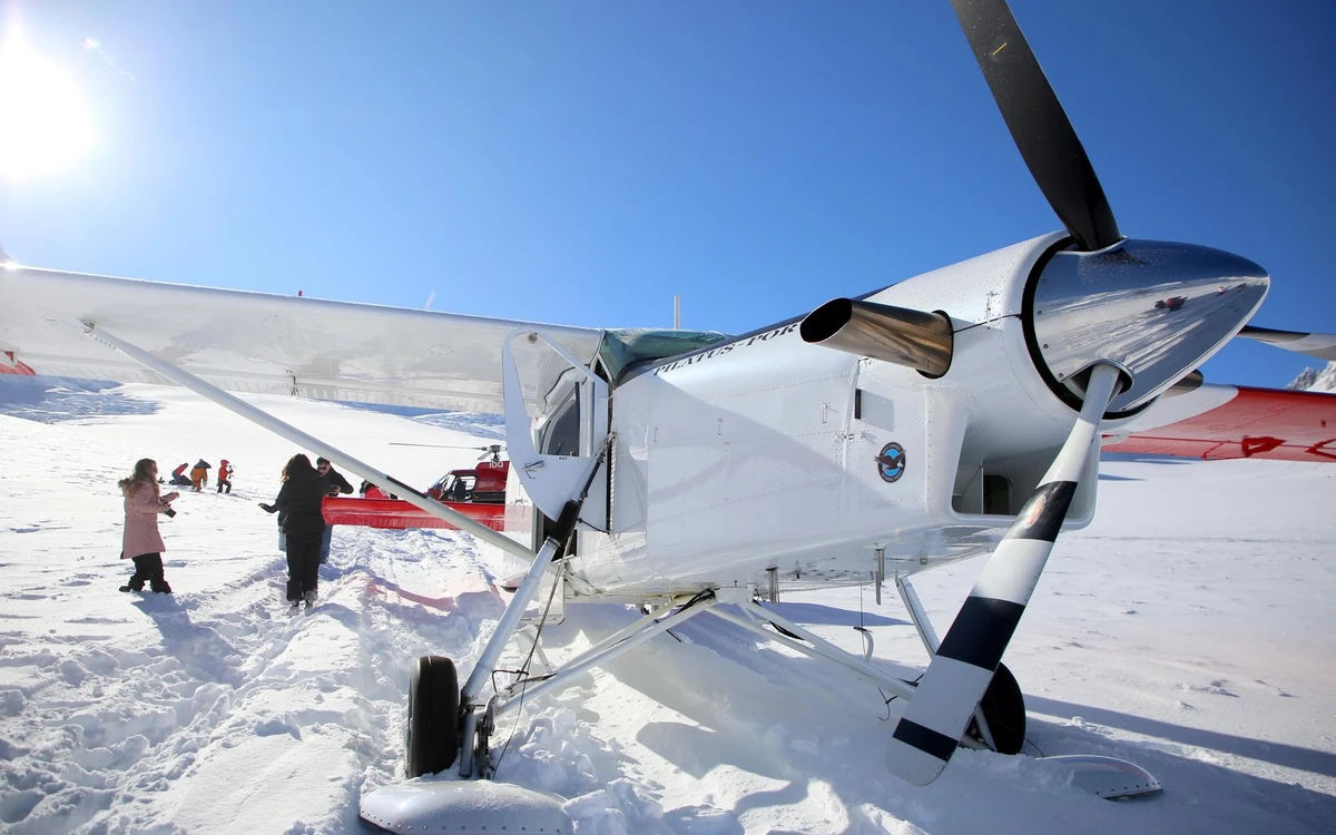 A ski plane on the snow high in the Southern Alps above the Tasman Glacier