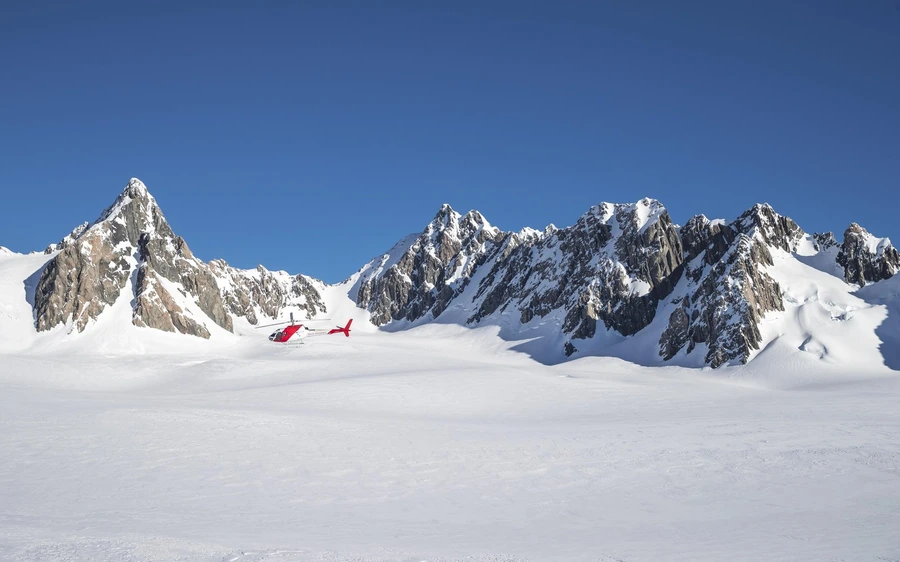 The Southern Alps and the West Coast seen from a helicopter